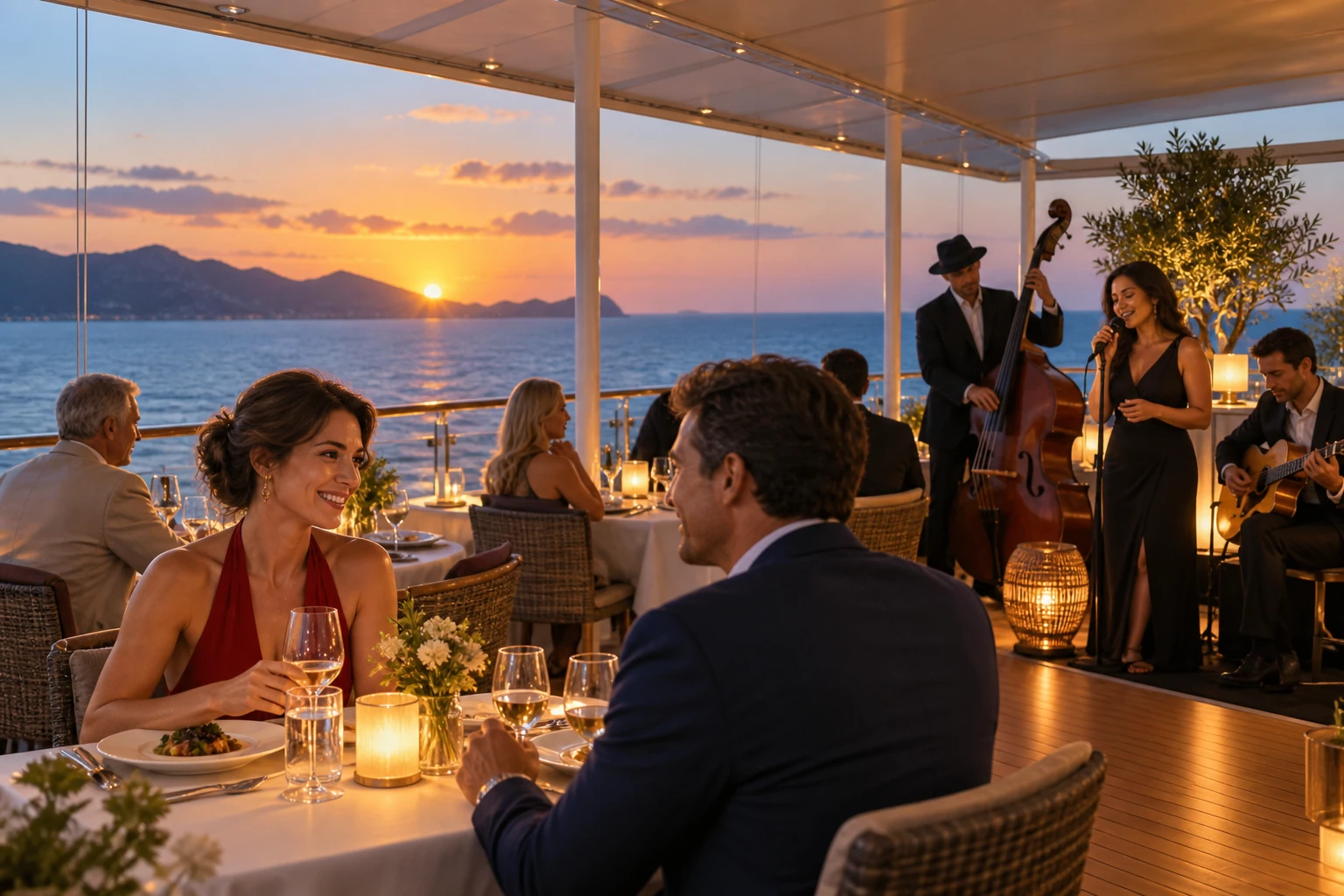 Dinner and live music on a protected cruise deck at twilight